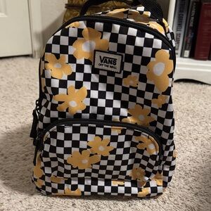 Vans Black and White Checkered Backpack with Yellow Flowers
